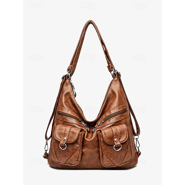 Brown Leather Women's Bag Multiple Faux Pockets with Hobo FashionChic
