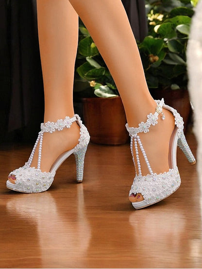 White Floral Bridal - Sandals Lace T-Strap Pearl-Decorated FashionChic