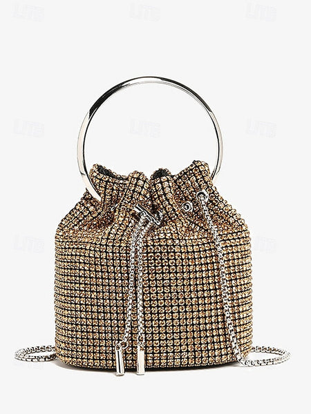 Women's with Rhinestone Metal Bag Silver Bucket Sparkling FashionChic