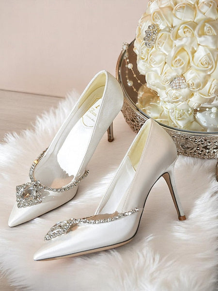 with Women's Heels Satin Crystal White Wedding Toe Pointed FashionChic