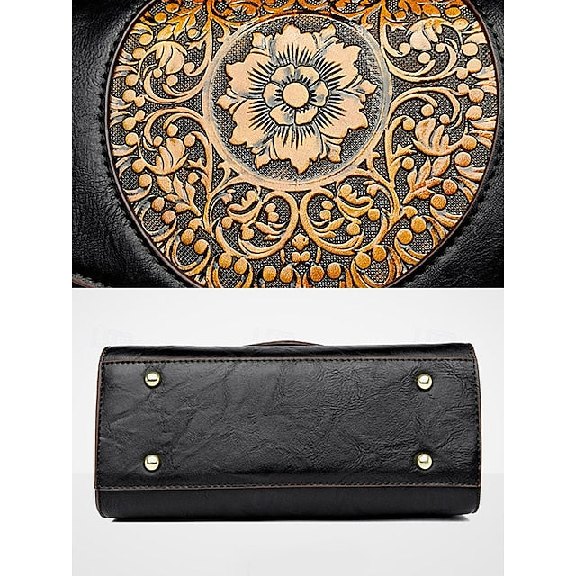 Floral – Faux Vintage Engraved Handbag Leather Women's FashionChic