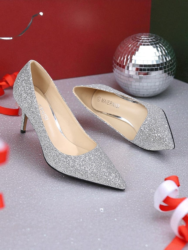 Sparkly Pumps Stiletto Pointed-Toe - Women's Glitter Gold FashionChic