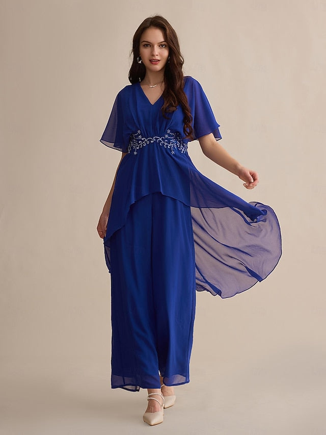 Embroidered Wedding Sequin Flare Guest Chiffon Blue Royal Cuff FashionChic