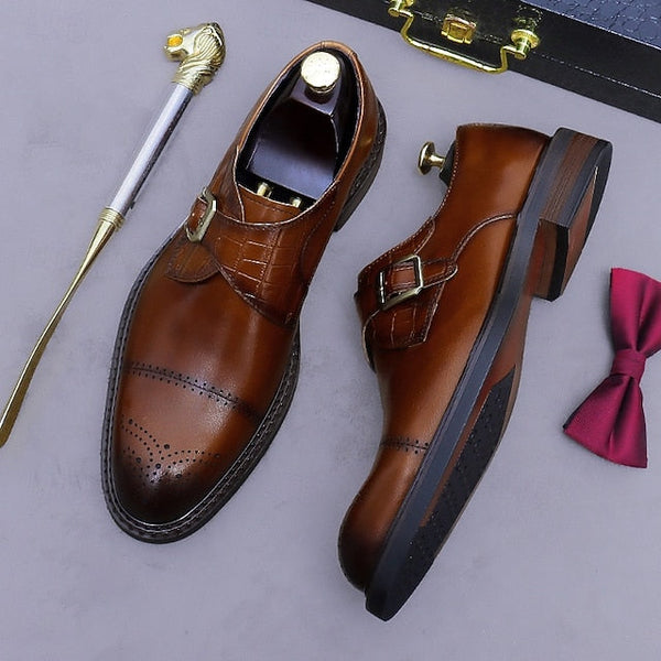 Dress Genuine Strap Black Men's Leather Monk First Shoes- FashionChic