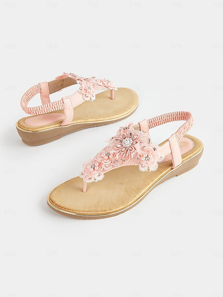 – Lace Women's Embellished Pink Floral Sandals T-Strap FashionChic
