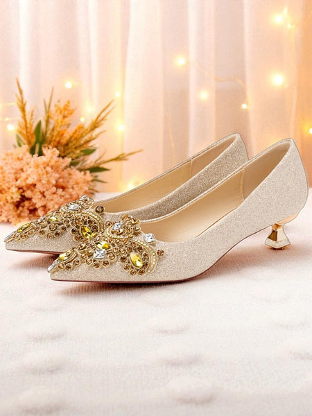Gold Pumps with Women's Low Heel Pointed-Toe Glitter FashionChic