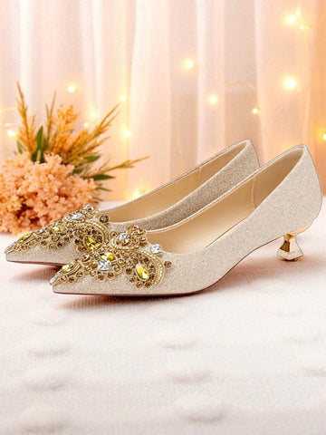 Gold Pumps with Women's Low Heel Pointed-Toe Glitter FashionChic
