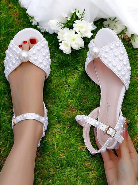 White Pearl-Embellished Heel Sandals Low – Women's FashionChic