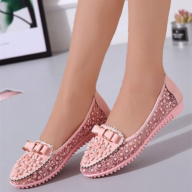 Details - Lace Flats Women's Pink and Floral with Bow FashionChic