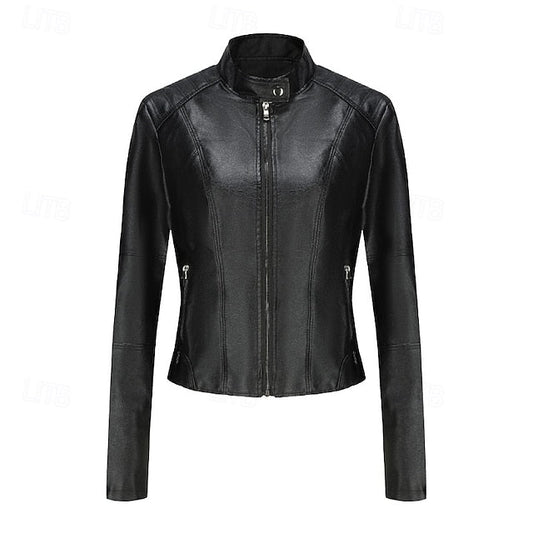 Comfortable Zipper Jacket Leather Faux Pocket Women's FashionChic