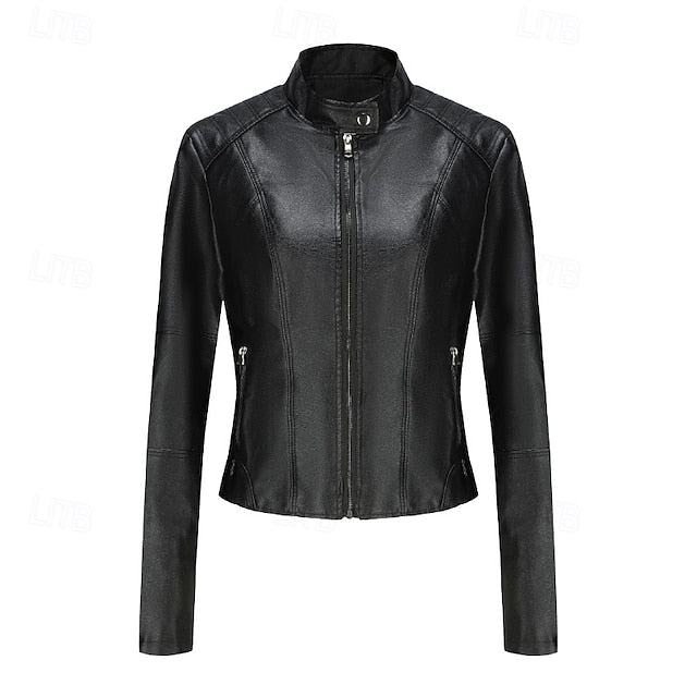 Comfortable Zipper Jacket Leather Faux Pocket Women's FashionChic
