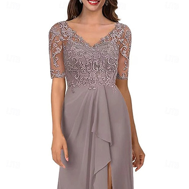 Dress Neck the V Simple Mother Bride Elegant of A-Line FashionChic