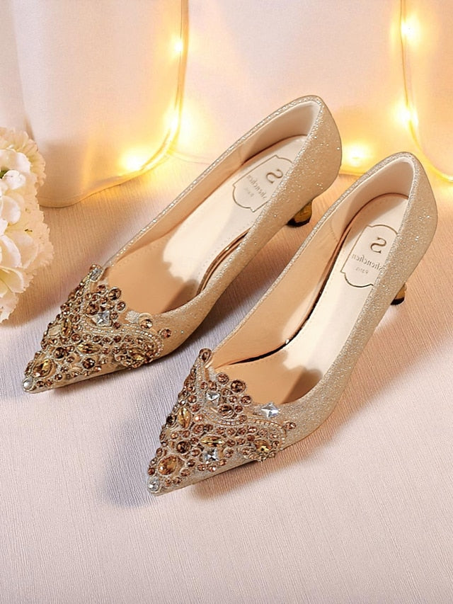 Gold Pumps with Women's Low Heel Pointed-Toe Glitter FashionChic