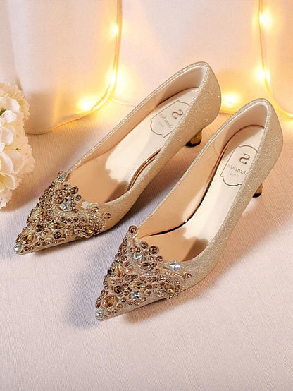 Gold Pumps with Women's Low Heel Pointed-Toe Glitter FashionChic