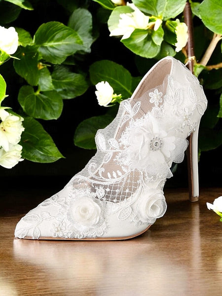 Lace White Wedding Shoes Embellishments Floral with FashionChic