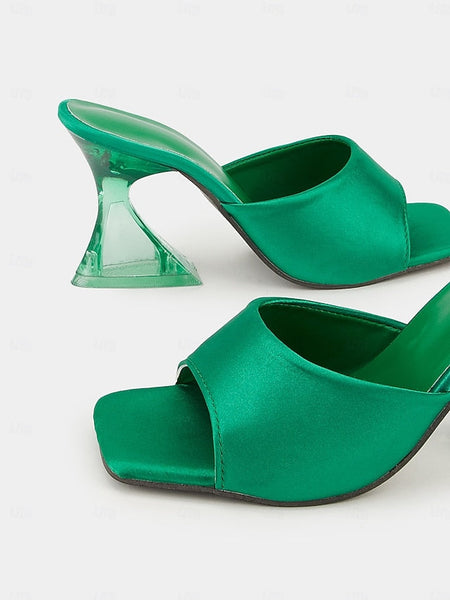 Open-Toe Block Mules with Transparent Satin Green for Heels FashionChic