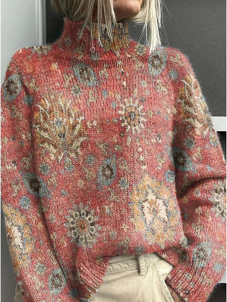 Women's Sweater Casual Soft Floral Ribbed Turtleneck FashionChic