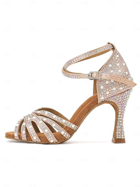 High Latin Rhinestone-Embellished Tan Sandals with Heel Dance FashionChic