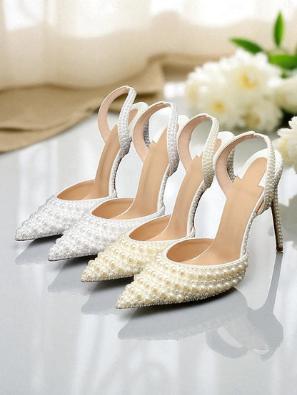 Women's Leather Pearl-Embellished - White Heels Slingback FashionChic