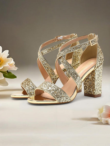Women's Block Sandals Gold Heel Glitter FashionChic