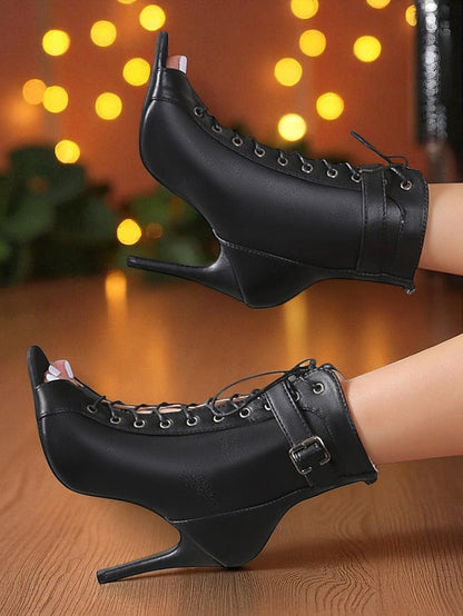 Heel Black Booties Stiletto Toe High - Women's Peep Lace-Up FashionChic