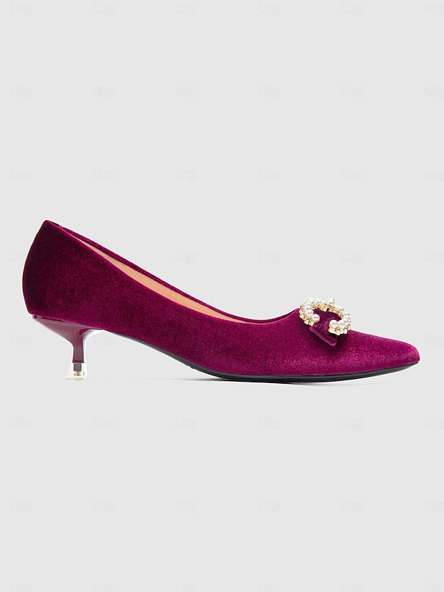 Heel Women's Pearl - Kitten Pumps with Bow Burgundy Velvet FashionChic