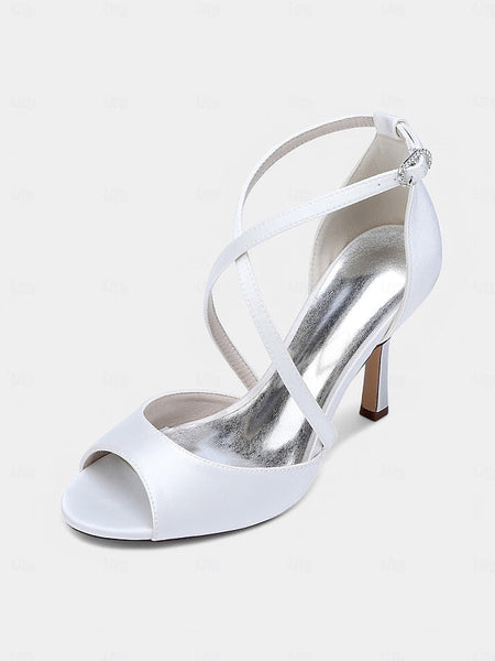 Satin – Cross-Strap Heels White Elegant Women's Peep-Toe FashionChic