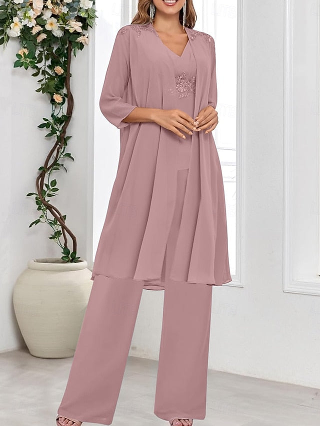V Mother Elegant Dress Simple of Wedding the Guest Bride Piece 3 FashionChic