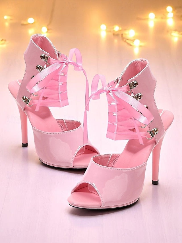Patent Stiletto Lace-Up Cutout Women's Sandals - Sexy Black FashionChic