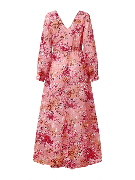 Women's Swing Dress Maxi long Dress Pink Long Sleeve Floral