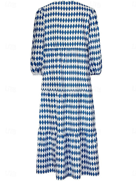 Women's Geometric Print V Neck Lantern Sleeve Maxi Dress FashionChic