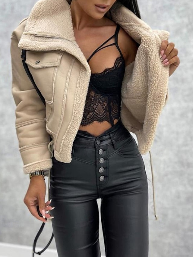 Warm Pocket Women's Leather Buttons Jacket Faux Comfortable FashionChic