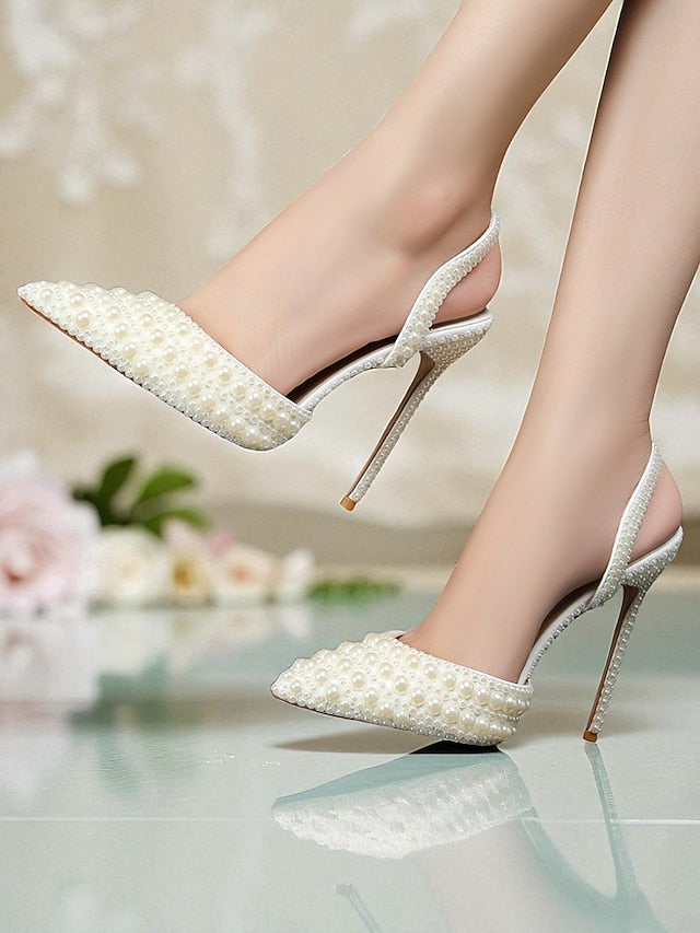 Women's Leather Pearl-Embellished - White Heels Slingback FashionChic