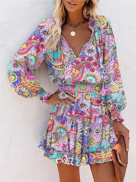 Women's Floral Leopard Ruched Ruffle V Neck Mini Dress