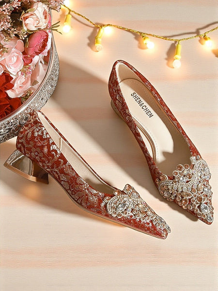 Rhinestone Embellished Pointed-Toe Red Flats Women's FashionChic