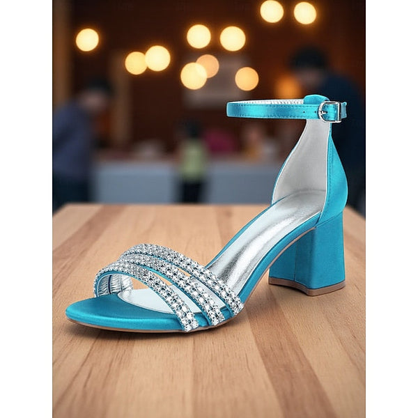 Satin Block Women's Heel Rhinestone with Sandals Purple FashionChic