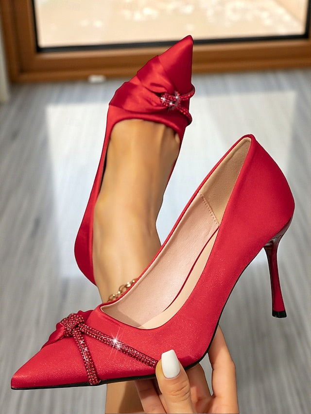 Women's Stiletto Pointed with Satin Toe Heels Red FashionChic