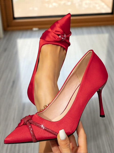 Women's Stiletto Pointed with Satin Toe Heels Red FashionChic