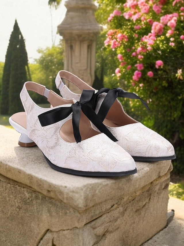 Heels Lace Bow Vintage Slingback Women's Elegant - with FashionChic