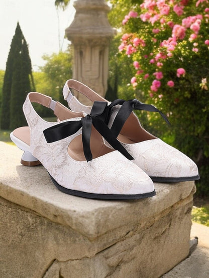 Heels Lace Bow Vintage Slingback Women's Elegant - with FashionChic