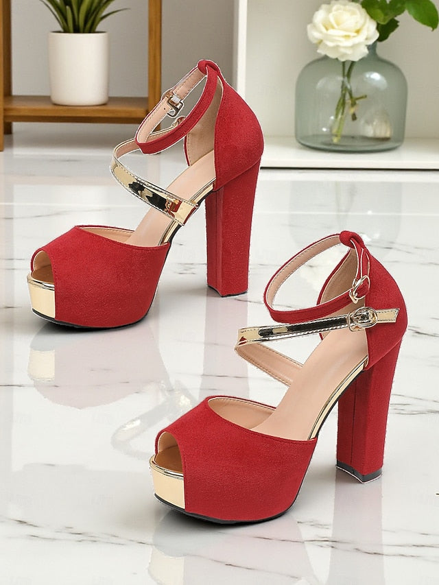 Toe Heel Suede Red Block Sandals Peep Women's Platform - FashionChic
