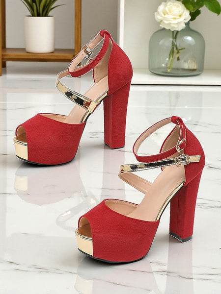 Toe Heel Suede Red Block Sandals Peep Women's Platform - FashionChic