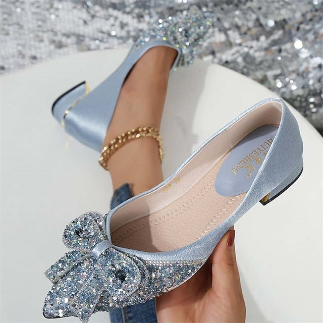 with - Women's Elegant Detail Rhinestone Glitter Flats Bow FashionChic