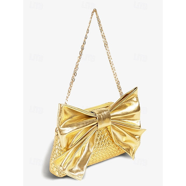 Oversized Faux Leather Bag Women's Clutch Bow with Gold FashionChic