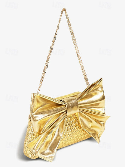Oversized Bow with Faux Bag Women's Leather Clutch Gold FashionChic