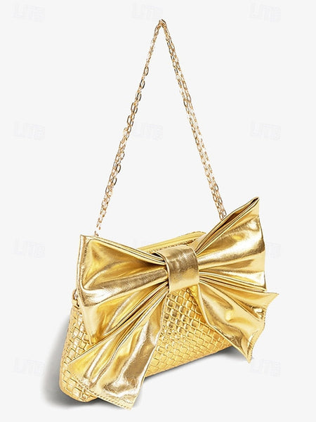 Oversized Bow with Faux Bag Women's Leather Clutch Gold FashionChic