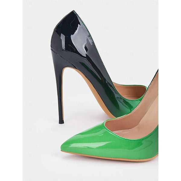 Pointed Leather Toe Pumps Women's Black Patent Green FashionChic