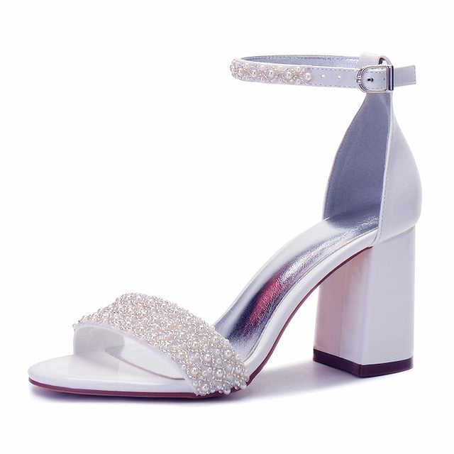 Women's Ankle Embellished White Ivory Block Pearl Strap FashionChic