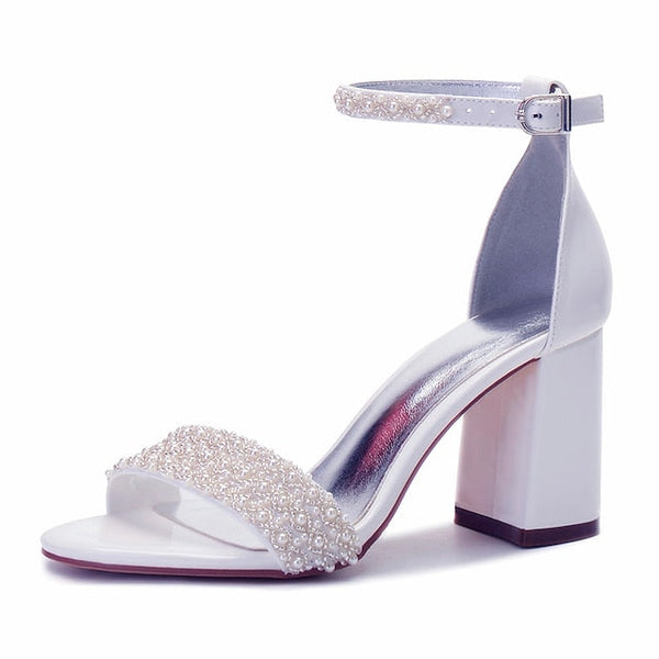 Women's Ankle Embellished White Ivory Block Pearl Strap FashionChic