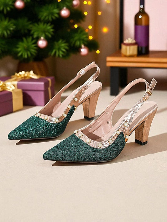 Gold High Slingback Green Women's Strap Glitter Heels with FashionChic